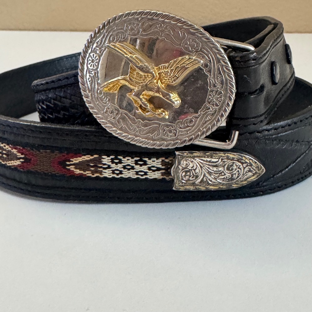 Tony Lama Black Leather Western Belt Eagle Buckle Woven Inlay Size 30 Mexico